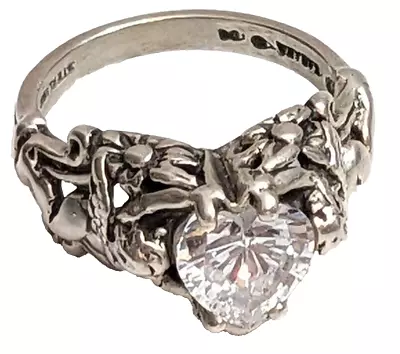 Designer KABANA 925 Sterling Silver Heart-Cut CZ Cherub Angel Sides Ring Size 7 • $59