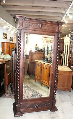 French Antique Oak Wood Renaissance Style Mirrored  1 Door Armoire • $3400