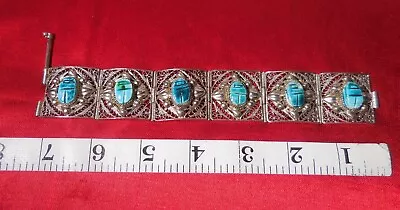 Vintage Filigree Silver Tone 6 Links Bracelet Blue Ceramic Scarab Bug Jewelry • $33