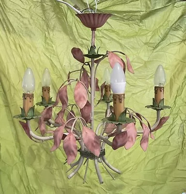 French Italian Tole Chandelier Floral Pink Green Metal Leaves 5 Arm Vintage • $299.99