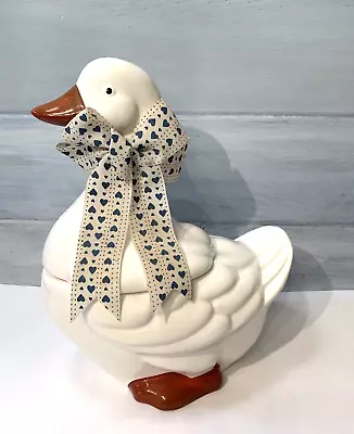 Vintage Goose Cookie Jar Ribbon Bow Ceramic White Duck Mother Seal Lid • $17.99