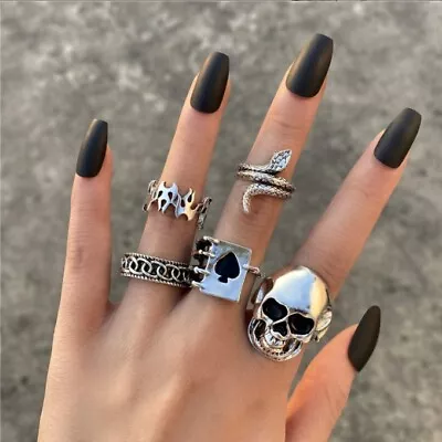 5pcs SIlver Boho Stack Skull Above Knuckle Ring Snake Midi Finger Tip Rings Gift • £4.99