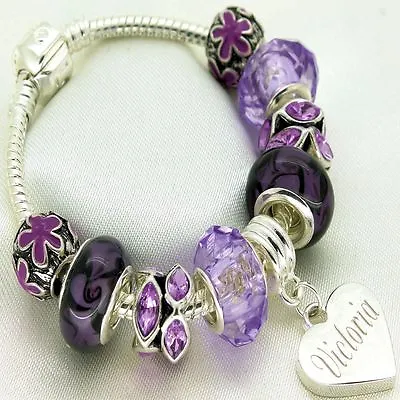 Personalised Bracelet Purple Beads Womans Girls FREE Engraving Birthday Gifts • £10.99