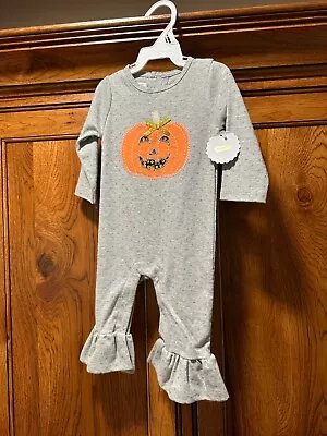 Mud Pie Baby's Halloween Jumpsuit Pumpkin Appliqué Ruffle Hem Gray • $8.36