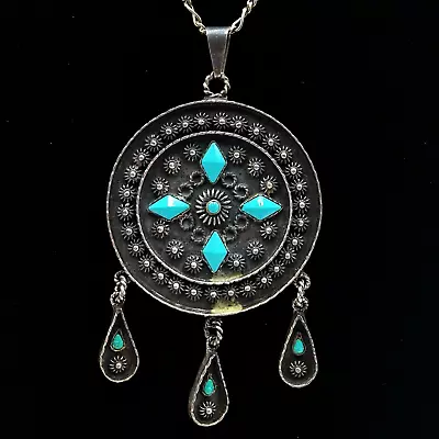 Cuernavaca Mexico Sterling Turquoise Round Dangle Pendant Plated Figaro Necklace • $74