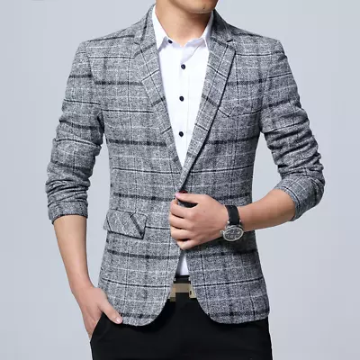 Mens Business Casual Work Blazer Jacket Korean Slim Button Suit-Coat Outwear Top • $38.06