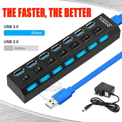 US 7 Port USB 3.0 HUB LED Powered High Speed Splitter Extender W/ Power Adapter • $12.50