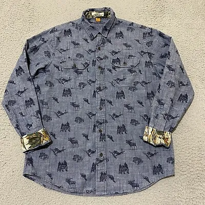 Tailor Vintage Shirt Mens M Blue Animal Print Authentic Indigo Cotton Flip Cuff • $17.90