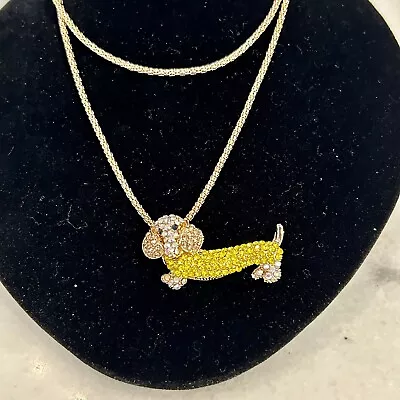 BETSY JOHNSON Crystal Dachshund Dog Pendant & Brooch Pin W/Gold Tone Necklace  • $22.99