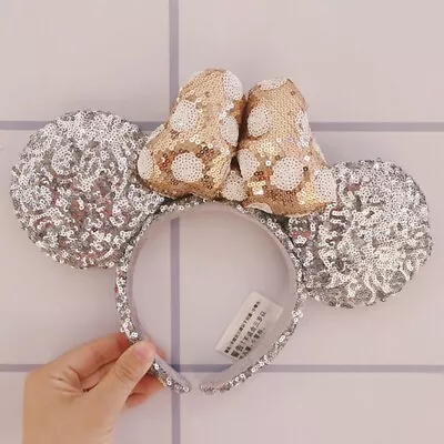 Disney Parks Silver Sequin Ears Rose Gold Polka Dot Bow Minnie Mouse Headband US • $18.99