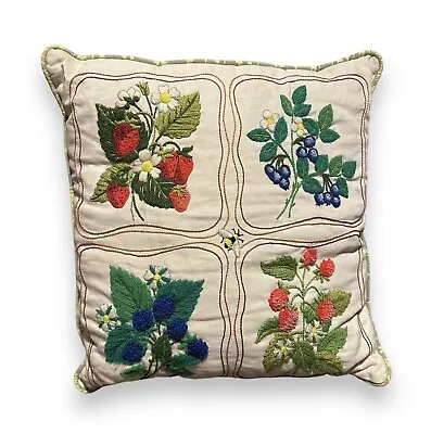 Vtg 14” Crewel Embroidered Strawberries Blackberries Berries Floral Throw Pillow • $34.50