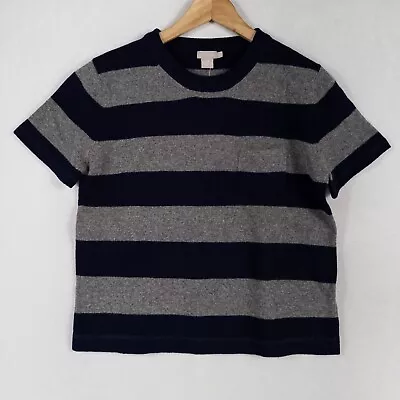 J. Crew Sweater Top Womens Medium Navy Blue Gray Stripe Lambswool Pocket Casual • $15.19