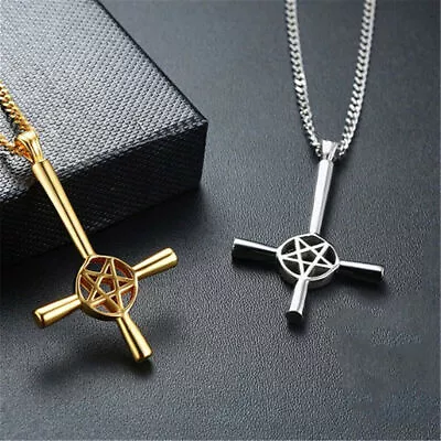 Inverted Cross Pentacle Pentagram Star Pendant Men Necklace Satanic Religious • $11.09