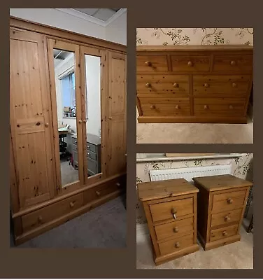 Quality Solid Pine Bedroom Set Chest Of Drawers Wardrobe & 2x Bedside Drawers • £675