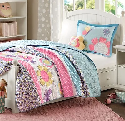 CRAZY DAISY 3pc Twin QUILT SET : GIRLS BLUE PINK PURPLE GARDEN FLOWERS BEDDING • $67.99