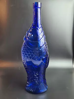 Vintage Cobalt Blue Glass Fish Bottle Italian Art Glass Vase Beach House Decor • $44.25