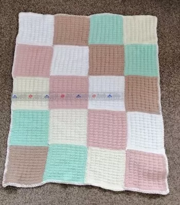 Hand Knitted Cot Blanket 77cm X 61cm Approx. Pastel Colours Square Patchwork.  • £12