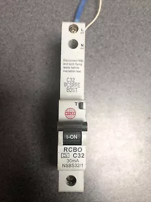 WYLEX 32 AMP Type C 6kA 30mA RCBO TYPE A NSBS32/1 C32 32A Single Pole RCD MCB • £9.44