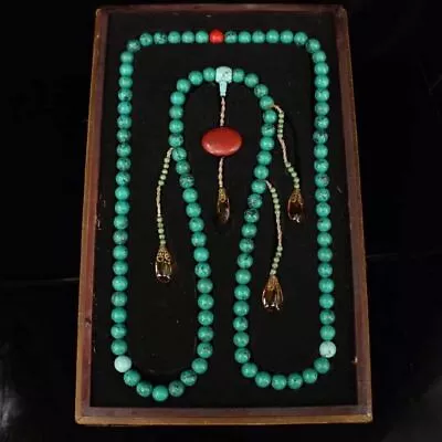 Set Chinese Qing Dynasty Jade Turquoise Emperor Palace Buddha Bead Necklace Box  • $365.50