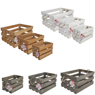 £7.99 • Buy Wooden Crates Storage Set Of 3 Slatted Vintage Display Boxes With Rope Handles