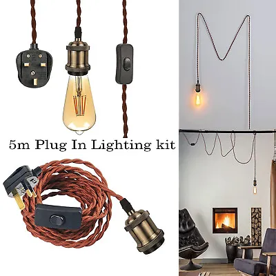 Plug In Pendant Lamp 5m Fabric Flex Cable Kit Hanging Light With Plug Switch • £19.89