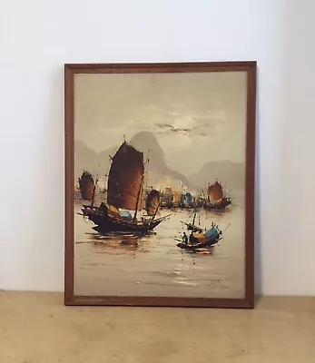 OIL PAINTING HONG KONG JUNKS IN HARBOUR 1970s 25 X 19” • £32