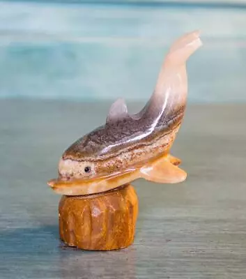 Vintage Retro Carved Stone Onyx Marbled Dolphin Fish 4.25  Figurine Statue • $9.95