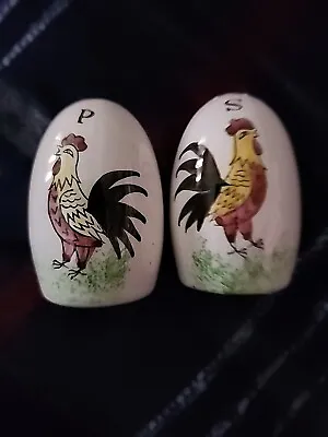 Vintage White Egg Shaped Salt And Pepper Shakers Rooster & Chicken Hen Lefton? • $10