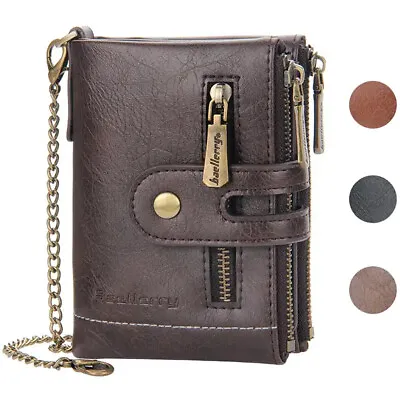 Mens Wallet Genuine Leather RFID Bifold With Chain And Double Zipper Coin Pocket • $11.26