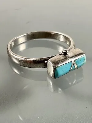 Vintage 925 Sterling Silver Southwestern Blue Turquoise Inlay Ring Size 7 • $34.50