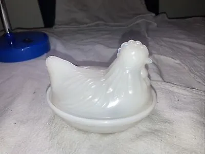 Vintage White Milk Glass Chicken Hen On Nest Covered Candy/ Butter Dish • $10