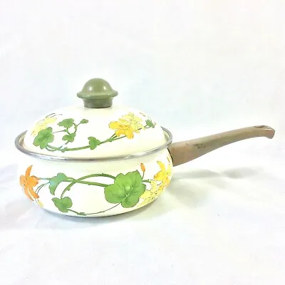 Asta Enamelware Geranium Covered Metal Saucepan 2.5 Qt 6 3/8  Height German Vtg • $59.99