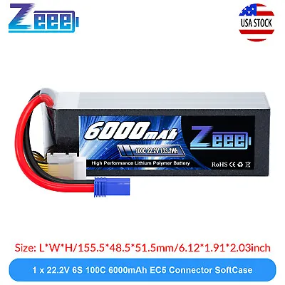 Zeee 22.2V 100C 6000mAh 6S Lipo Battery EC5 For RC Helicopter Airplane Car Truck • $68.52