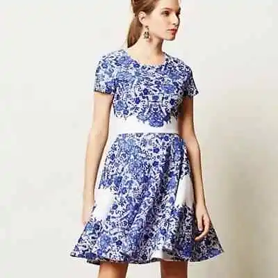 Anthropologie Marc Bouwer Fit & Flare Dress 8 Womans Blue Floral Short Sleeve • $31.99