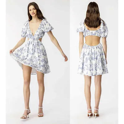 $49.95 • Buy Bardot Eden Mini Dress XL 10 Floral Cutout Open Back Puff Sleeve Deep V-Neck NWT