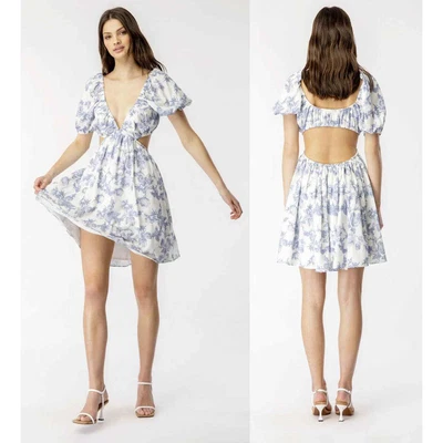 $49.95 • Buy Bardot Eden Mini Dress XL 10 Floral Cutout Open Back Puff Sleeve Deep V-Neck NWT