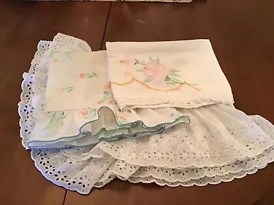 Lot Of 3 Vintage Hand Embroidered Pillowcases Crocheted  • $14