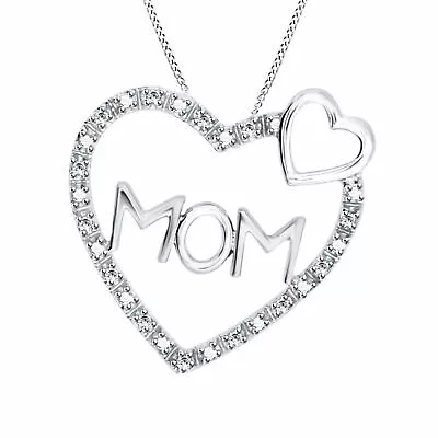 MOM Heart Pendant Real Diamomds With 18  Chain Necklace .925 Sterling Silver • $177.71