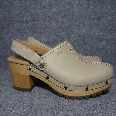 UGG Lanni Chunky Heel Clog Womens 10 Tan Beige Leather Wooden Rivet Heels NEW • £97.30