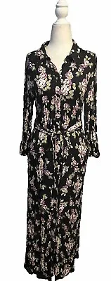 Zara Black Floral Button Down Maxi Dress 3/4 Sleeve Cloth Belt  Size US Small • $21