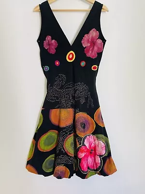 Desigual Logo Dress Size M Women’s Graphic Embroidery 100% Cotton Stretch V Neck • $49.99