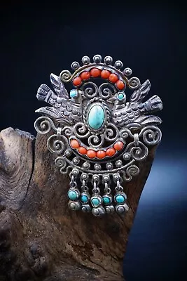 Vtg MATL Matilde Poulat Sterling Doves Turquoise & Coral Articulated Brooch • $788.88