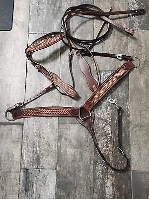 New Western Leather Tooled Browband Bridle And Breast Collar Set W/Split Reins • $84.99