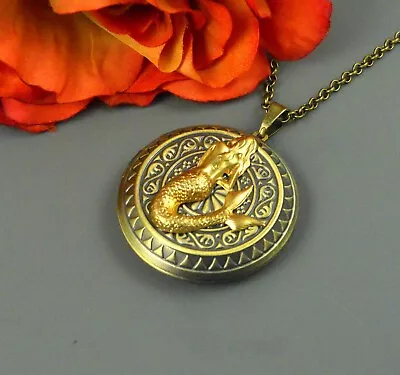 Mermaid Locket Large Bronze Round Locket Necklace Nautical Locket Pill Box Oils • $35