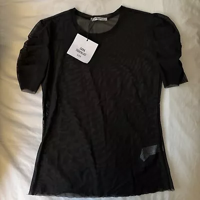 NWT Zara Black Sheer Mesh Top With Gathered Short Sleeves - Size Medium • $18