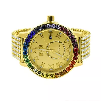 Men's Custom Rainbow Multi Gold Tone Real Diamond Roman Numb Dial Watch XL 55mm  • £240.93