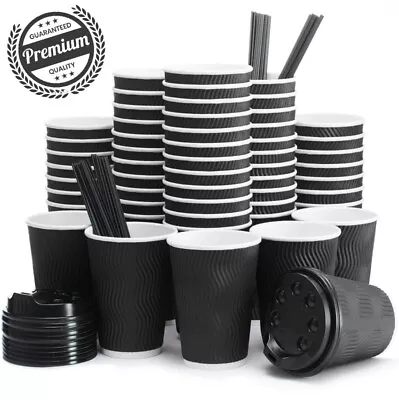 Disposable Paper Cups Ripple Coffee Cups 200 Hot Drink Cup Black Brown 12oz Cups • £22.99