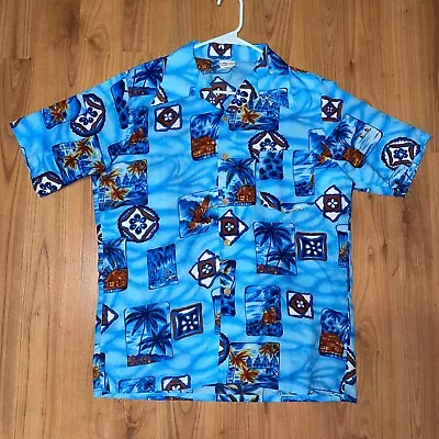 VTG 70s Kmart California Blue Surfing Hawaiian Button Shirt Vibrant Floral Sz L • $68.35