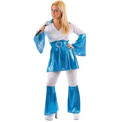 Ladies Blue Mamma Mia 70s Pop Fancy Dress Up Party Halloween Costume Outfit • £30.98