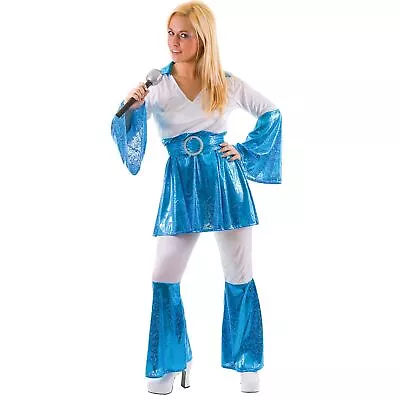 Ladies Blue Mamma Mia 70s Pop Fancy Dress Up Party Halloween Costume Outfit • £31.09